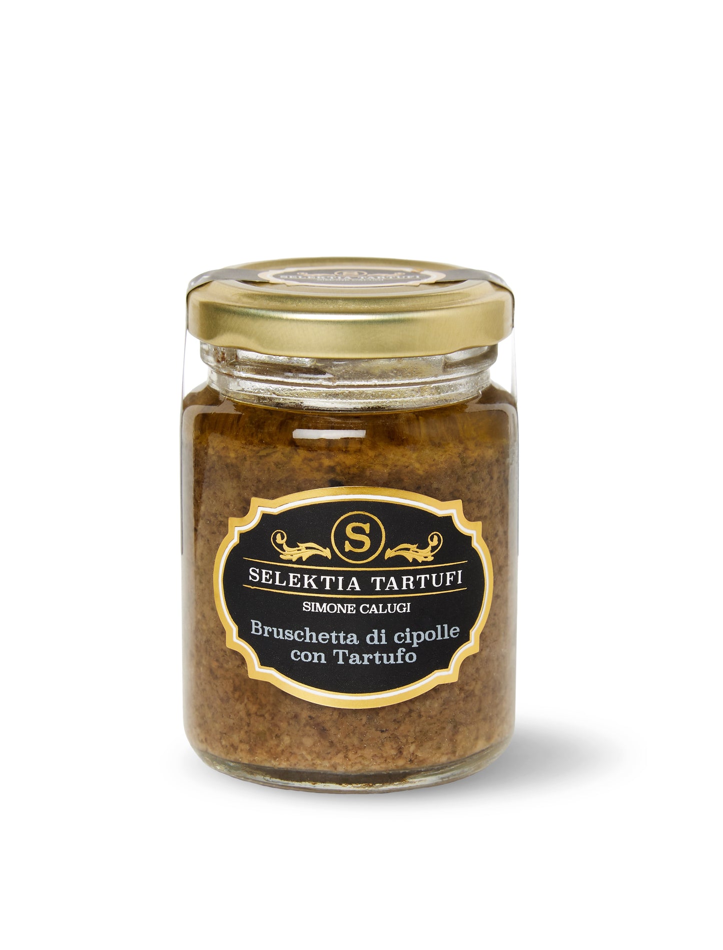 Bruschetta mit Zwiebeln und Trüffel im Glas aus Italien